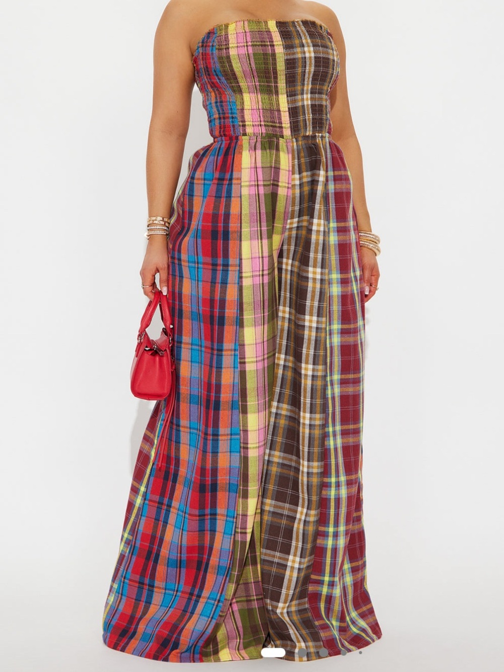Fashion Nova Multi-Color Plaid Strapless Jumpsuit
